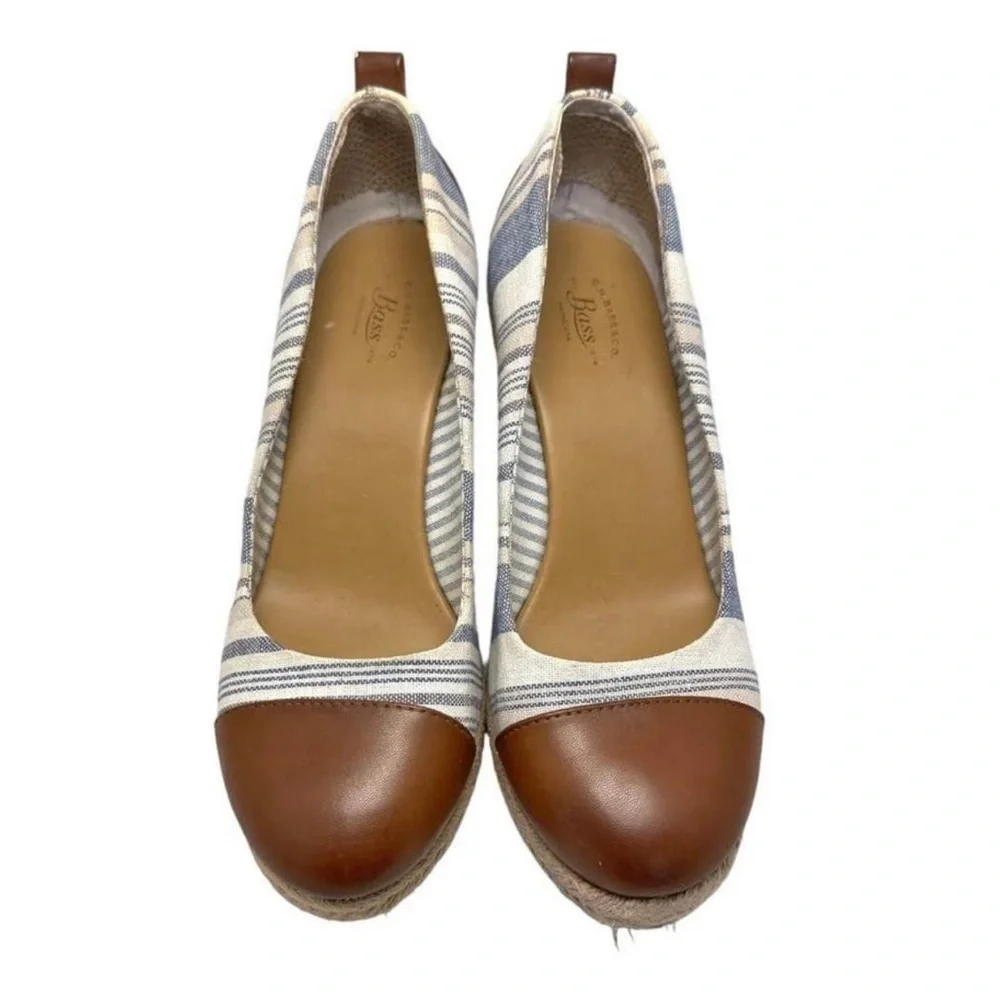 GH Bass Blue/White Stripe Brown Cap Toe Platform Wedge Pump Size 7.5